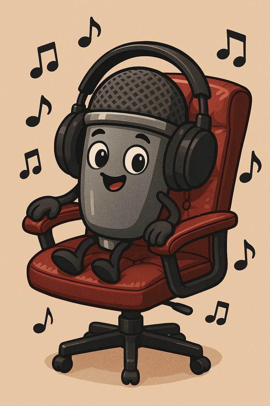 Un micrófono encantador con una sonrisa cálida se acomoda en una acogedora silla de oficina roja. Con grandes auriculares que parecen abrazarlo suavemente, se sumerge en un mundo de melodías. Las notas musicales flotan a su alrededor como mariposas, creando una atmósfera de serenidad y alegría. El fondo beige añade un toque de suavidad, haciendo que esta escena musical sea aún más entrañable y atractiva.